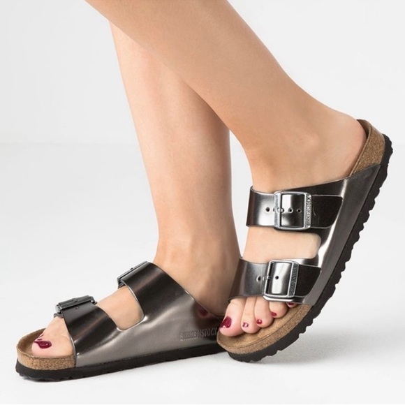Birkenstock Women's Arizona Soft Footbed Leather Metallic Anthracite Size 38 US7 - Picture 1 of 9